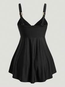 Sweetra CURVE Plus Size Summer Beach Solid Color Asymmetric Hem Tank Top And Tankini Bottom Set, Vacation Tankini Swimwear - Black - View 3