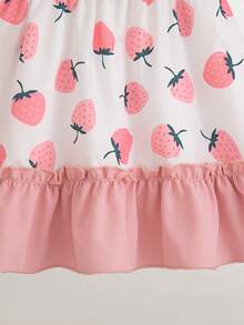 女宝宝夏季新款草莓印花撞色荷叶边蝴蝶结装饰可爱V领连衣裙 - 粉色 - 查看 7