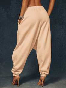 Denimoi Drop Crotch Front Layered Detail Sweatpants Fashion Streetwear Comfortable Sweatpants Casual, Sporty Chic - Khaki - View 6