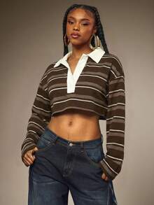 Denimoi 宽松修身短款条纹Polo衫 时尚街头风学院风短款Polo衫 - 棕色 - 查看 5