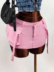 Slaydiva Women's Solid Color Casual Denim Shorts - Pink - View 3