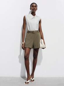 Aveloria Modichic Women's Pinstripe Suiting High Waisted A-Line Shorts With Matching Belt,Khaki,Summer,Chic,Office Business Casual Retro Cuffed Hem Invisible Zipper - Khaki - View 7