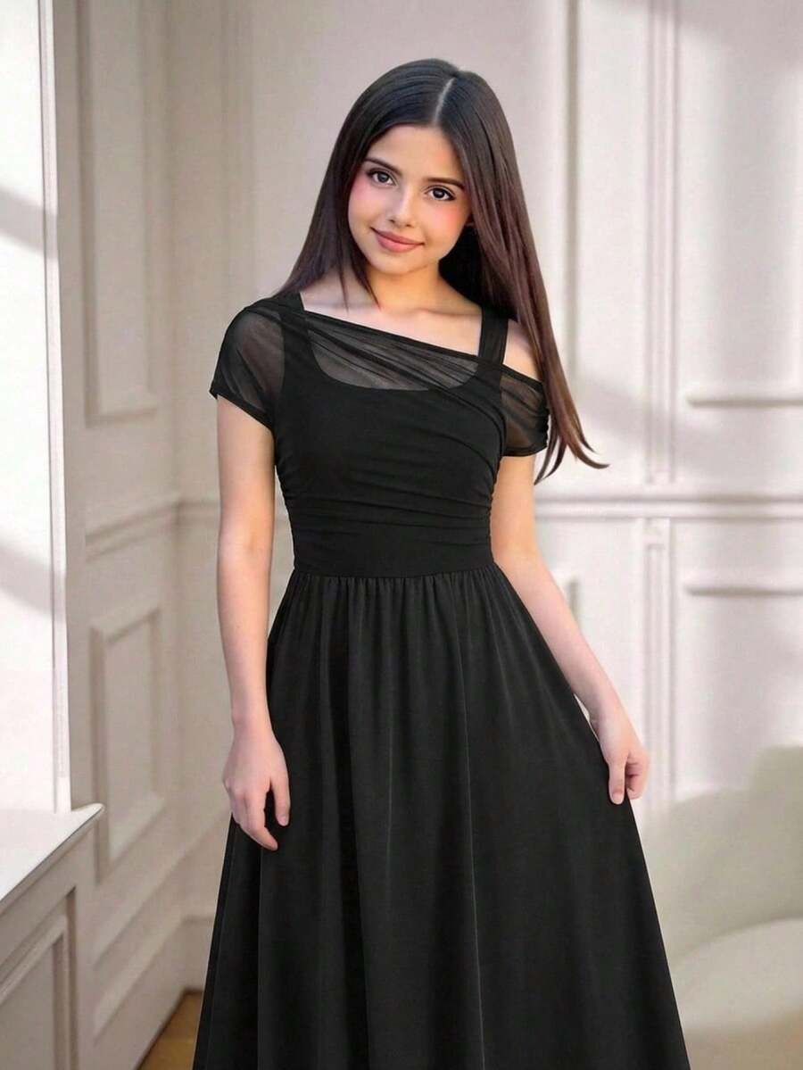 Đầm đen ôm dáng thanh lịch cho bé gái, phối lưới, hở vai, tay bồng, xếp ly, thích hợp dự tiệc, lễ Giáng sinh, phù dâu, dạ hội. - màu đen - Xem 1