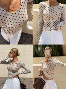 DAZY Women's Polka Dot Sheer Long Sleeve Crew Neck Undershirt, Spring/Summer - White - View 8