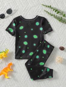 Bộ đồ cho bé trai sơ sinh/trẻ nhỏ: Áo tay ngắn và quần ngắn tay, chất liệu co giãn, màu đen, in hình khủng long và ngôi sao, phát sáng trong bóng tối. - màu đen - Xem 2