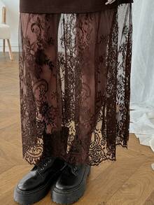 SHEIN LUNE Đầm dài không tay phối ren màu trơn dành cho nữ, trang phục cơ bản cho mùa xuân/hè mặc hàng ngày, đi làm và đi chơi. - màu nâu - Xem 7