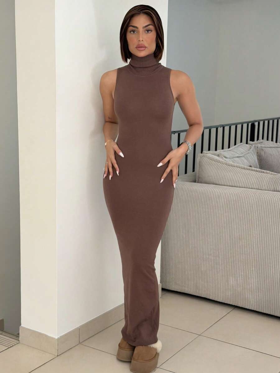 IamThia 极简主义办公室休闲高领无袖修身合身 H 型下摆超长女式毛衣连衣裙，灰色 - 咖啡棕 - 查看 1