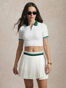 Activina 春夏女士修身短袖拉链 Polo 衫，短款夏季运动上衣，女士高尔夫套装，女士运动 Polo 衫，夏季女士 Polo 衫，女士高尔夫上衣 - 白色 - 查看 1