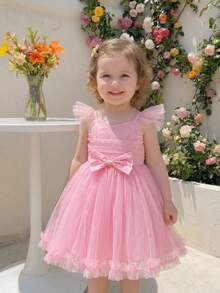 SHEIN Glamorique Kids Vestido de volantes con lazo de tul para bebé niña - Rosa - Ver 9