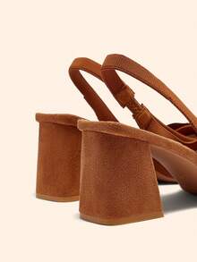 CUCCOO BASICS 女士时尚黑色蝴蝶结尖头粗跟高跟鞋，圣诞节必备 - 紅棕 - 查看 3