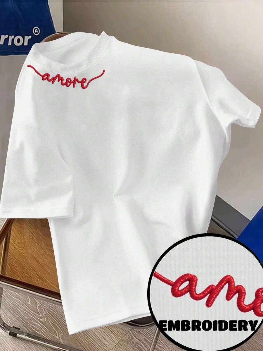 Claim Dot 超大款小众设计，简约风格升级，红色“LOVE”字母+心形刺绣休闲男士短袖T恤，男女皆宜，男士礼物，情人节礼物，刺绣爱心T恤