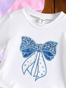 3pcs/Set Girls Casual T-Shirt Combo, K-POP Star + Rainbow Butterfly + Rhinestone Bow Print, Comfortable Round Neck Tops, Suitable For Spring, Summer, Autumn, White, Pink, Purple, Cute & Fun Girls Summer Short Sleeve, Assorted Colorful Styles - Pink - View 3