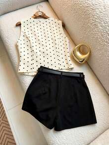 Franclia 2pcs Women Elegant Polka Dot Metal Buckle Top Set - Multicolor - View 2