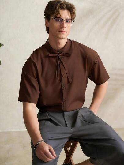 Airaco Men's Solid Color Short Sleeve Single-Breasted Collar Tie Shirt