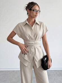 Ritzy Row 女士纯色杏色休闲短袖收腰开衩双层衬衫搭配同色阔腿裤，套装，日常穿着，法式优雅 - 杏色 - 查看 6