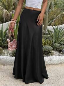 DAZY Women's Solid Color Satin Korean Style Casual Ruffle Hem Elegant Party Skirt Spring - Blue - View 6