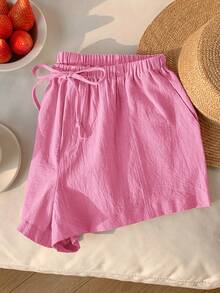 Comfortcana Pantalones cortos de mujer casuales y sueltos con cordón, pantalones cortos de lino versátiles para uso diario en color rosa rojo - Rosa Fucsia - Ver 4