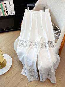 SHEIN Tall CURVE 大码女装畅销蕾丝拼接休闲宽松舒适沙滩裤，适合春夏穿着 - 白色 - 查看 2