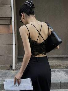 FRIFUL Women's Lace Patchwork Sexy Versatile Date Night Camisole Top Summer - Black - View 7