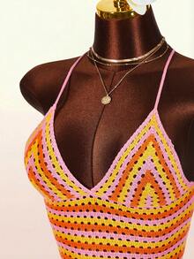 Amplova 女士度假沙滩条纹露背镂空针织连衣裙 - 西瓜粉 - 查看 4