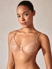 Deyllo 女士透视深V文胸，前扣式钢圈无衬垫交叉后背透气轻盈优雅日常内衣 - 駝色 - 查看 6