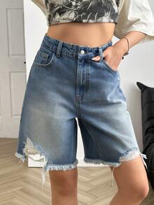EURMUSE High Waist City Length Washed Blue Denim Short - Medium Wash - View 4