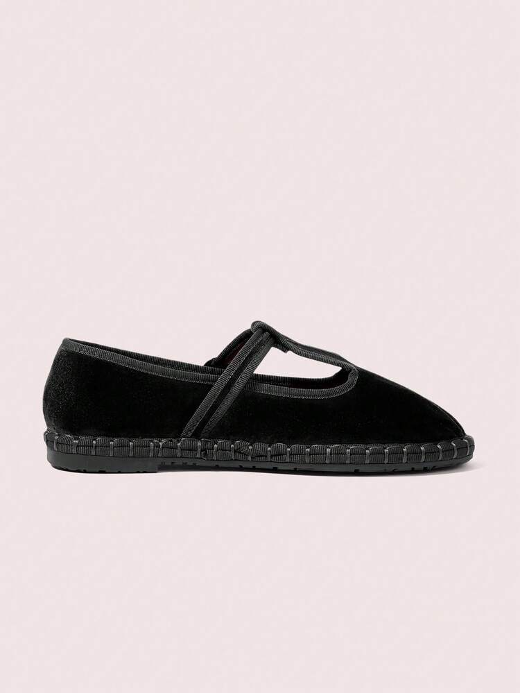 CUCCOO DOLLMOD Zapatos planos de mujer de estilo Mary Jane con correa en T, de terciopelo azul, elegantes y cómodos - Negro - Añade 9