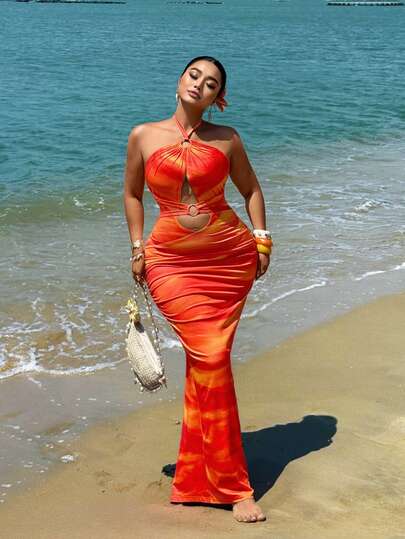 Sunnyshic Plus Size Women Ombre Print Halter Hollow Circle Decor Waist Cinched Bodycon Vacation Dress