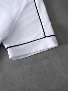 Manfinity Roghcode 男士休闲运动风，高弹力平针织面料，撞色设计，字母印花条纹图案，宽松版型T恤，松紧腰带抽绳短裤 - 黑與白 - 查看 7