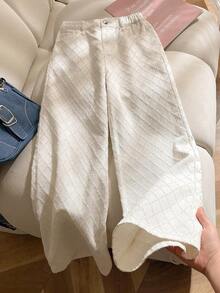 Quần ống rộng denim wash kiểu Hàn Quốc xuân/hè dành cho nữ, dáng rộng, họa tiết jacquard, túi sau, ôm sát, màu trắng. - Màu be - Xem 1