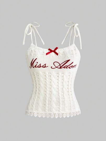 ROMWE Avant Women's Cottagecore Style Camisole Knit Top With Letter Jacquard, Lace Trim Patchwork