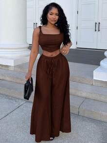 Alexandranx New Spring/Summer Vacation Casual Fishbone Suspender Pants & Wide Leg Trousers With Pockets 2 Pieces Textured Fabric Set - B Tan Two Piece Set Linen Two Piece Set - Coffee Brown - View 5