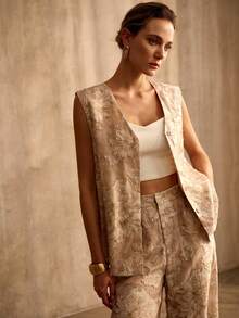 MOTF PREMIUM WOMEN'S KHAKI JACQUARD WAIST-CINCHED SLEEVELESS JACKET - Khaki - View 3