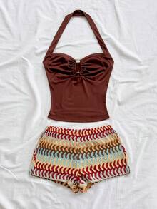 Soleia Bộ đồ nữ gồm áo cổ yếm xếp ly màu trơn và quần short phối màu, kiểu dáng thường ngày. - Nhiều màu - Xem 5
