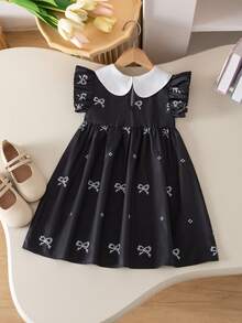 SHEIN Elladie kids 女童优雅黑色蝴蝶结印花喇叭袖荷叶领高腰A字公主裙，适合旅行、度假、派对、生日礼物、夏季 - 黑色 - 查看 3