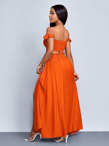 SOLERSUN Women's Petite Size Vacation Elegant Orange Boho Two Piece Outfit, Off Shoulder Ruffle Trim Crop Top & Button Front High Slit Maxi Skirt Matching Set For Summer Vacation Beach, Women Two Pieces Outfits,Casual Daily Wear,Off Shoulder Crop Top & Slit Maxi Skirt For Beach & Summer Looks - Orange - View 2