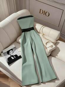 Franclia 女士新款无肩带撞色饰边金属扣腰阔腿连体裤 - 綠色 - 查看 2