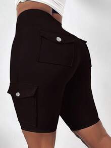SHEIN LUNE Plus Size High Waist Fold-Over Cargo Running Shorts With Pockets, Tummy Control & Butt Lifting - Coffee Brown - View 1