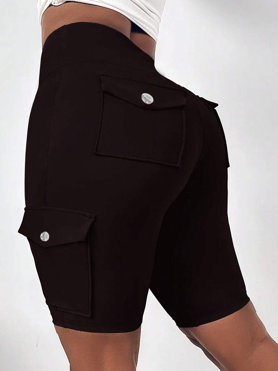 SHEIN LUNE Plus Size High Waist Fold-Over Cargo Running Shorts With Pockets, Tummy Control & Butt Lifting - Coffee Brown - View 1