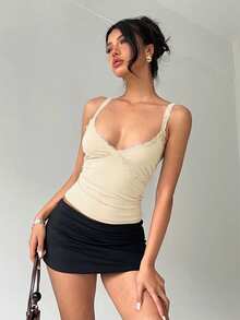 Aloruh Women's Burgundy Lace Patchwork Deep Sweetheart Neck Fitted Camisole - Beige - View 6