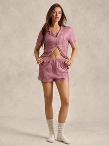 EverLounge Women's Dusty Pink Striped Pajama Set,Summer Casual Lounge Short Sleeve Button-Up Top & Elastic Waist Shorts,Relaxed Fit Soft Fabric Classic Design - Multicolor - View 5