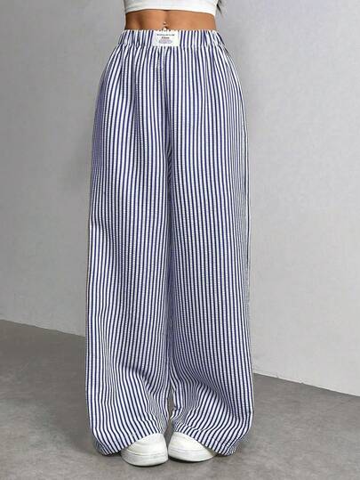 SHEIN PETITE 女士休闲通勤条纹阔腿裤