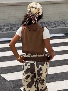 SHEIN EZwear Women's Rivet Decor Tassel Trim Casual Tank Top - Brown - View 2