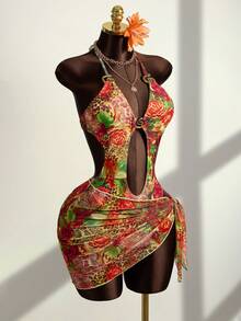 Zestiva 2pcs Women's Spring/Summer Beach Leopard Print Hollow Ring Swimsuit And Cover-Up Dress Set - Multicolor - View 5