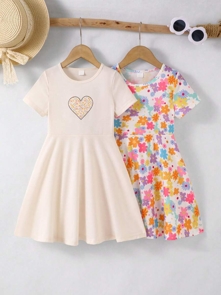 SHEIN Elladie kids 2件套女童休闲彩色碎花短袖连衣裙,夏季 - 彩色 - 查看 1