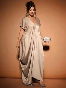 Cravure Đầm ngắn tay cổ chữ V thanh lịch dành cho nữ cỡ lớn, chất liệu vải bóng, màu nâu. - Volcanic Gray - Xem 3