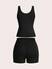 Slaydiva Bộ đồ mùa hè dành cho nữ gồm áo tank top cổ chữ U dáng ngắn và quần short có túi dây rút. - màu đen - Xem 2