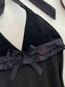 Elamini 春季性感V领露背蕾丝拼接波点双层荷叶边蝴蝶结紧身迷你连衣裙 - 黑色 - 查看 3