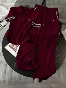Resyla Shell Embroidery Design Women's Polo Collar T-Shirt + Pants 2-Piece Set, Fashionable Minimalist, Gift For Friends - Burgundy - View 4