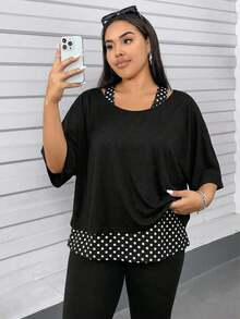 SHEIN Essnce 大码女式休闲两件套，黑白波点吊带背心和露肩上衣，女士夏季两件套，外套，女士夏季服装，露肩上衣，可爱上衣，可爱夏季上衣 - 黑色 - 查看 4